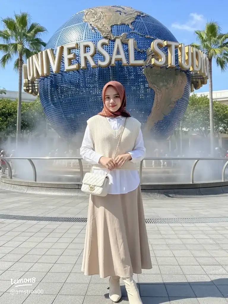 Seorang wanita berhijab berpose di depan bola dunia Universal Studios yang ikonik. Dia mengenakan kemeja putih, rompi rajut krem, rok panjang krem, dan sepatu bot terang, sambil memegang tas tangan putih. Latar belakang menunjukkan langit biru cerah dan pohon palem.