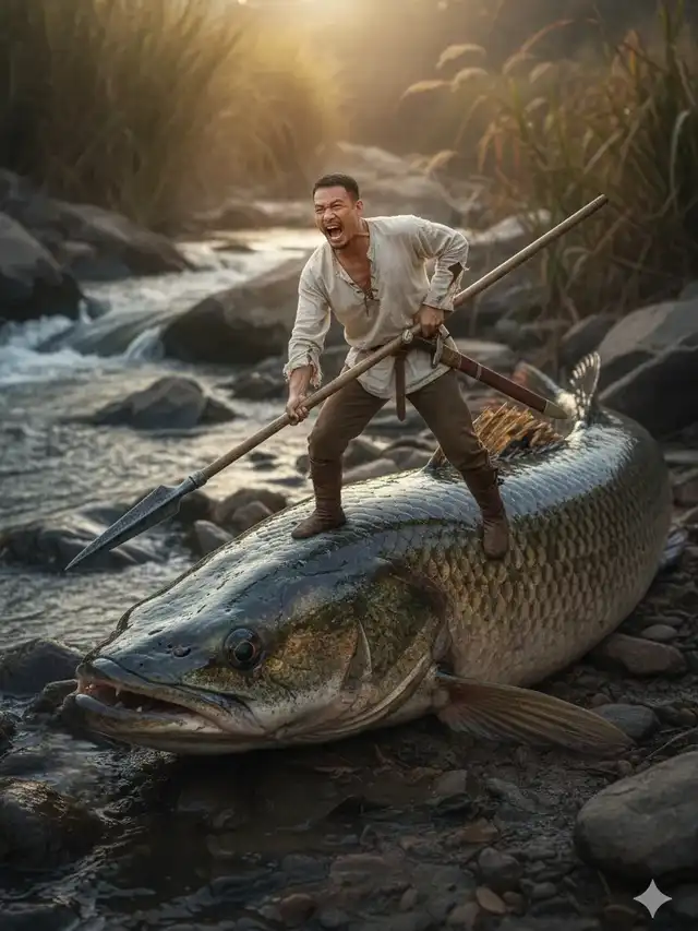 Pria berbusana tradisional berdiri di atas ikan gabus besar di tengah aliran sungai, memegang tombak dengan ekspresi tegang.