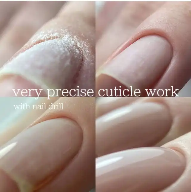 A four-panel collage illustrates the precise cuticle work of a Russian manicure using a nail drill, showing before and after stages of cuticle removal and the final clean look.