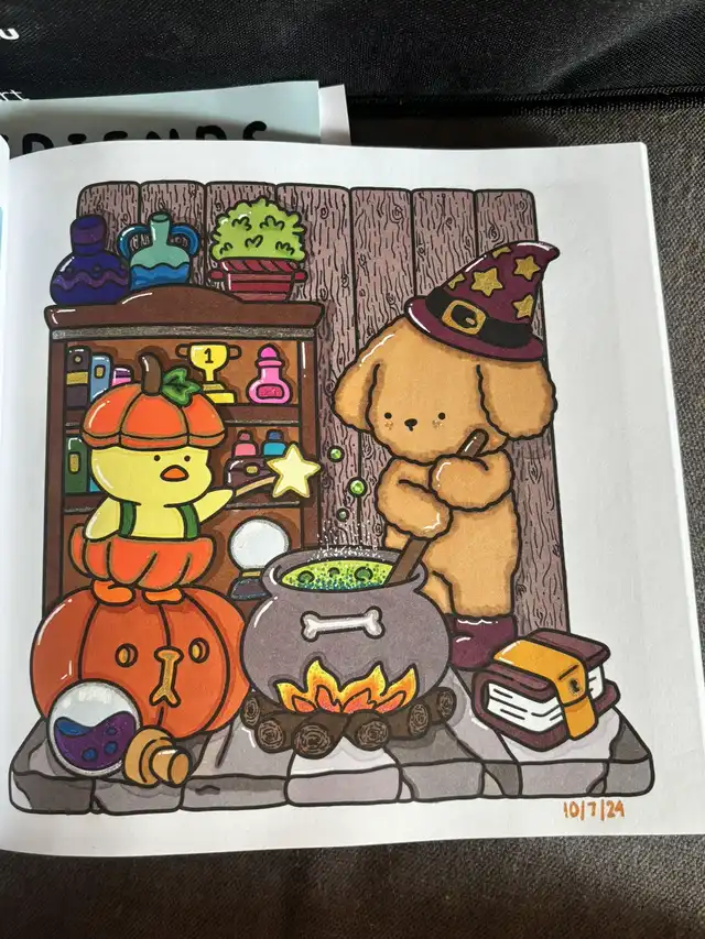 A colored page depicting a brown dog in a wizard hat stirring a bubbling cauldron, while a duck in a pumpkin costume stands nearby. A bookshelf with various items is in the background.