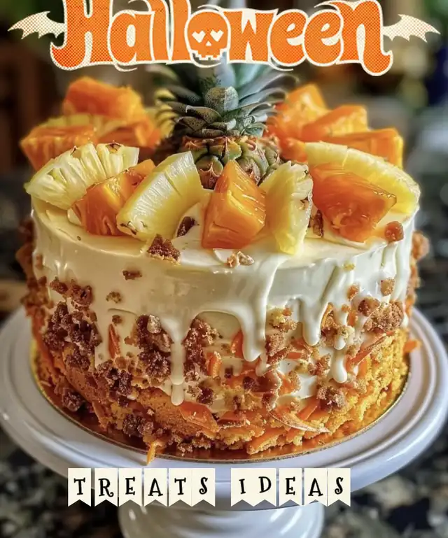 A festive Hawaiian Carrot Pineapple Cake for Halloween, decorated with pineapple chunks, a pineapple crown, shredded carrots, and white frosting drips, presented on a white cake stand. Text overlays read "Halloween" and "lemon8 TREATS IDEAS."