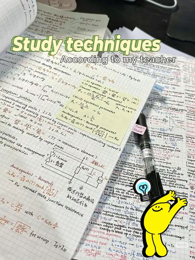An overhead view of open notebooks and papers filled with handwritten scientific formulas and diagrams, with the overlay text "Study techniques According to my teacher" and a cartoon character holding a lightbulb.