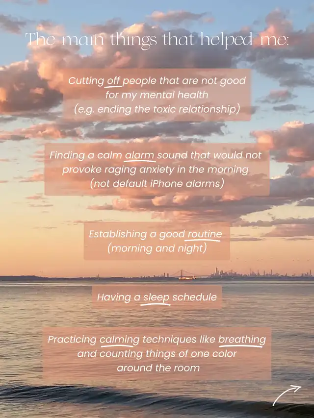 A sunset over a body of water with a distant city skyline. Text overlays outline tips for managing panic attacks, such as 'Cutting off people that are not good for my mental health' and 'Establishing a good routine'.