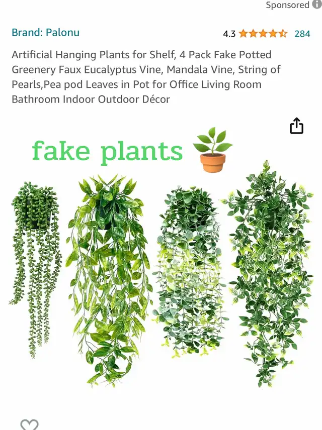 Four different styles of artificial hanging plants, including eucalyptus, mandala vine, string of pearls, and pea pod leaves, displayed against a white background.