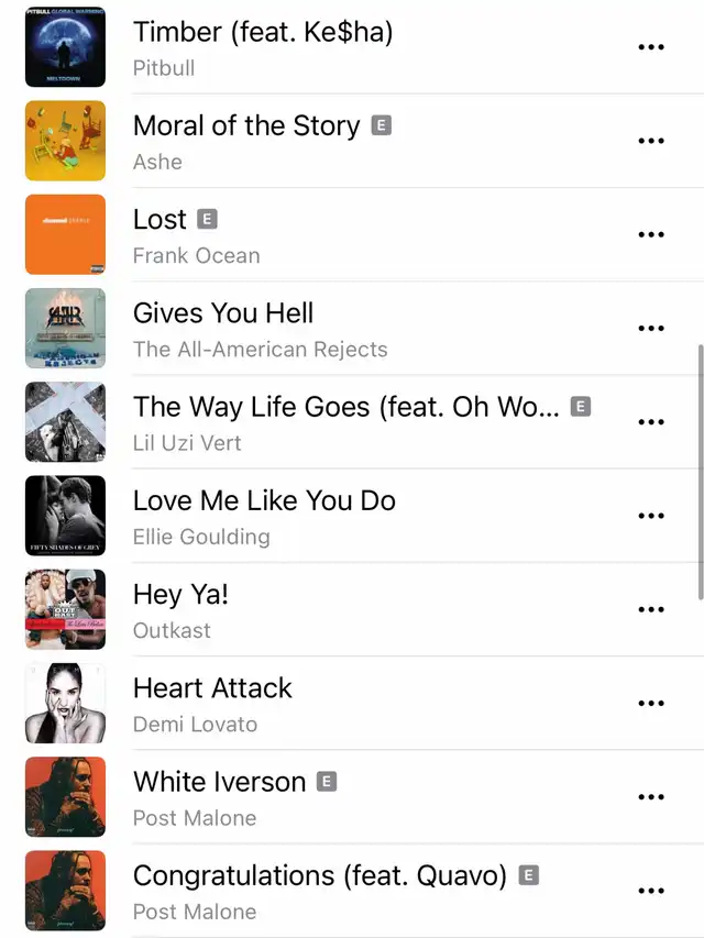 A screenshot displaying the middle section of a music playlist, featuring songs like "Timber" by Pitbull and "Congratulations" by Post Malone, with album art and artist names.