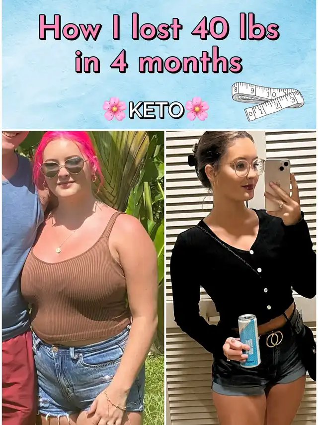 A split image titled "How I lost 40 lbs in 4 months KETO" shows a woman's before and after weight loss transformation. The left side shows her heavier with pink hair and sunglasses, while the right side shows her slimmer with brown hair and glasses, holding a phone and a can.