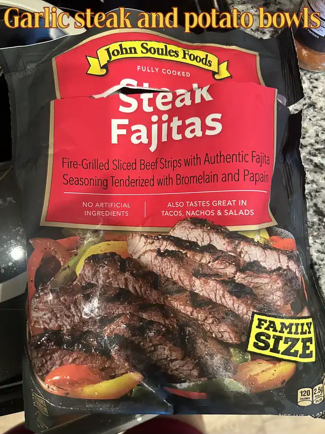 A family-size bag of fully cooked steak fajita strips, fire-grilled and seasoned, for making steak and potato bowls.