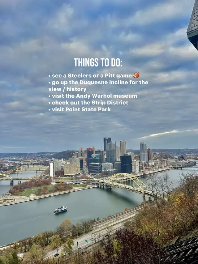 A panoramic view of the Pittsburgh skyline, rivers, and bridges from an elevated perspective, with some fall foliage visible. Text overlay lists recommended fall activities in Pittsburgh, such as visiting landmarks and attending games.