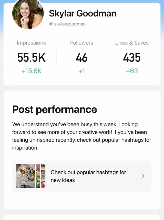 A Lemon8 profile for Skylar Goodman showing 55.5K Impressions, 46 Followers, 435 Likes & Saves, and a prompt to check popular hashtags for inspiration.