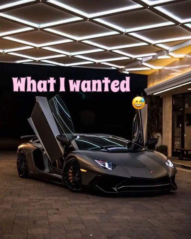 A dark gray Lamborghini with its scissor doors open is parked under an illuminated ceiling, with the text "What I wanted" and a sweating emoji overlaid.
