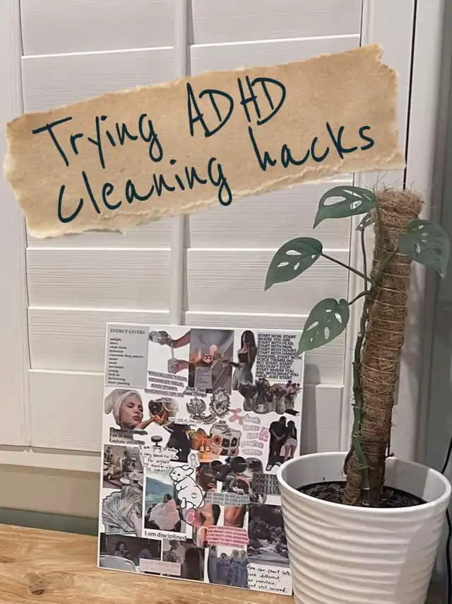 A title image featuring a plant and a vision board, with a torn paper graphic overlay reading 'Trying ADHD Cleaning hacks.'