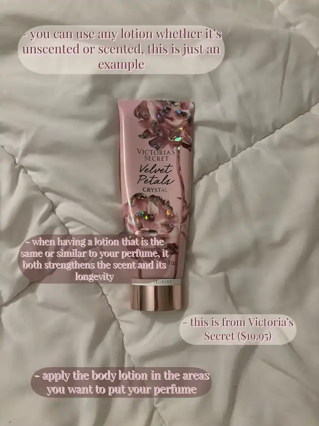 A pink lotion tube with a floral design is shown on a white textured background. Text overlays explain that lotion can be used to help perfume last longer and should be applied to desired areas.