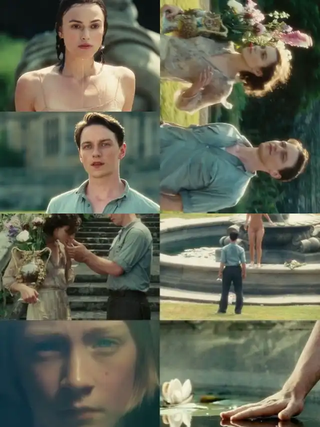 A collage of scenes from the movie "Atonement," featuring actors Keira Knightley and James McAvoy in various emotional and picturesque settings, including a garden and a fountain.