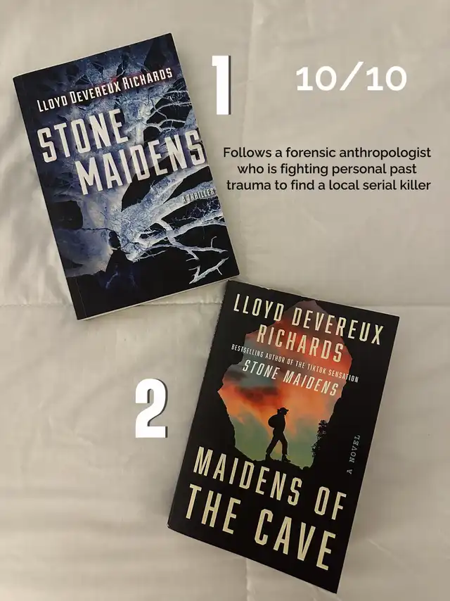 Two thriller books, "Stone Maidens" and "Maidens of the Cave" by Lloyd Devereux Richards, are displayed with a 10/10 rating and a description of the plot.