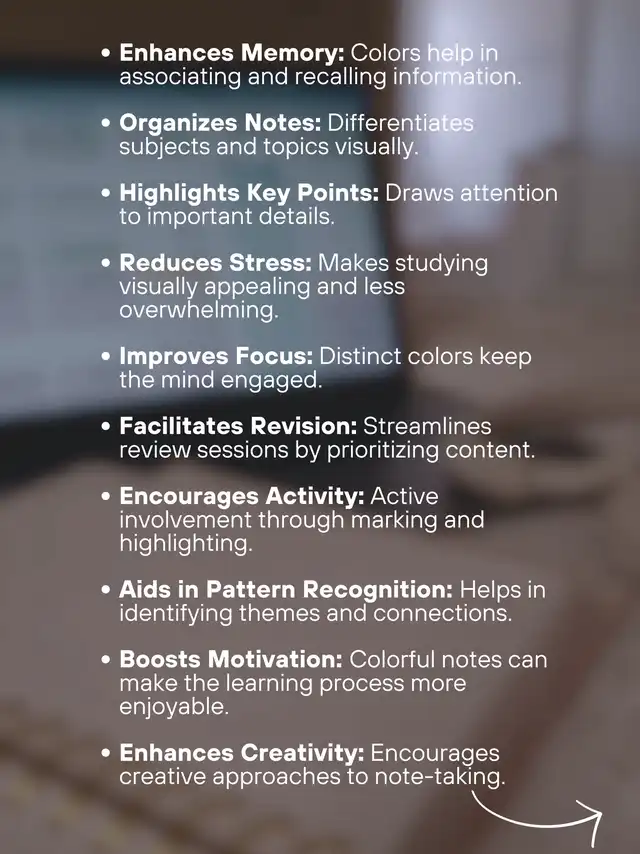 A list of ten benefits of color-coding notes, including enhancing memory, organizing notes, highlighting key points, and reducing stress, presented over a blurred background. It also features a Lemon8 logo and username.