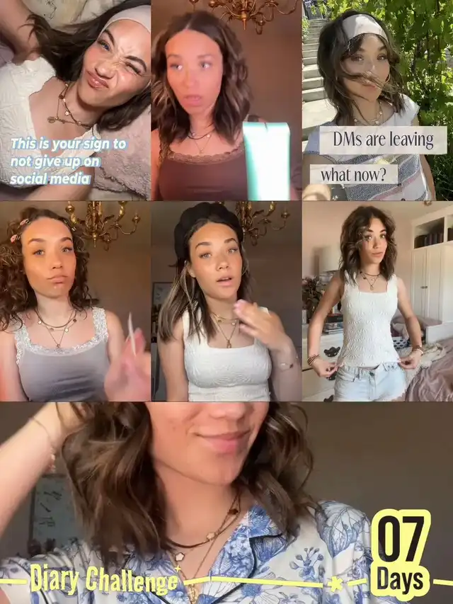A nine-panel memory collage shows a young woman with various expressions and outfits. Text overlays include 'This is your sign to not give up on social media', 'DMs are leaving what now?', and 'Lemon8 Diary Challenge 07 Days', documenting a personal journey.