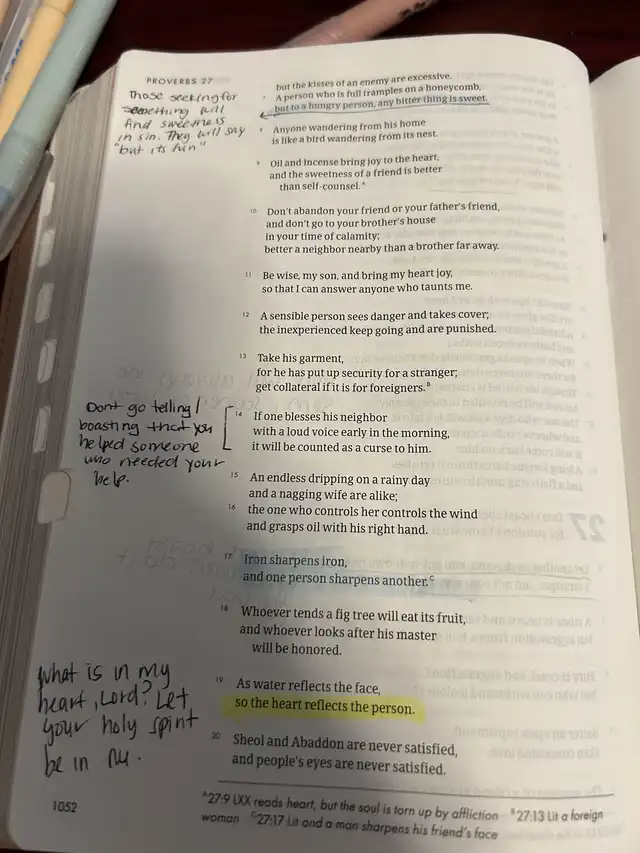 A Bible page open to Proverbs 27, with verse 19 highlighted about the heart reflecting the person. Handwritten notes discuss the sweetness of sin, humble help, and a prayer for a pure heart.