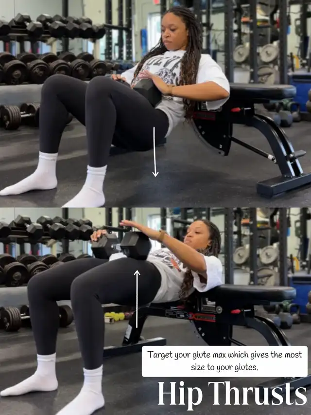 Two panels show a woman performing hip thrusts with a dumbbell. The top panel shows her hips lowered, and the bottom panel shows her hips raised, targeting the glute max. White arrows indicate the movement.