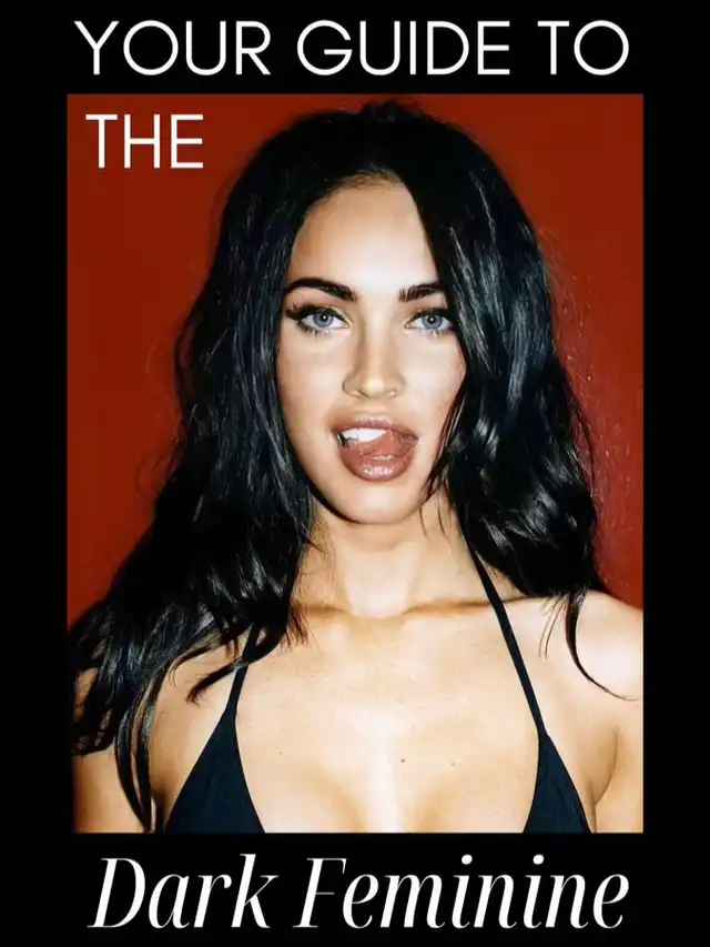 A cover image featuring a woman with long dark hair and light eyes, wearing a black top, with the text 'YOUR GUIDE TO THE Dark Feminine' overlayed. She looks directly at the viewer with her tongue slightly out.