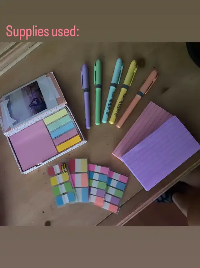 A collection of study supplies including colorful pens, sticky notes, and index cards, labeled "Supplies used:".