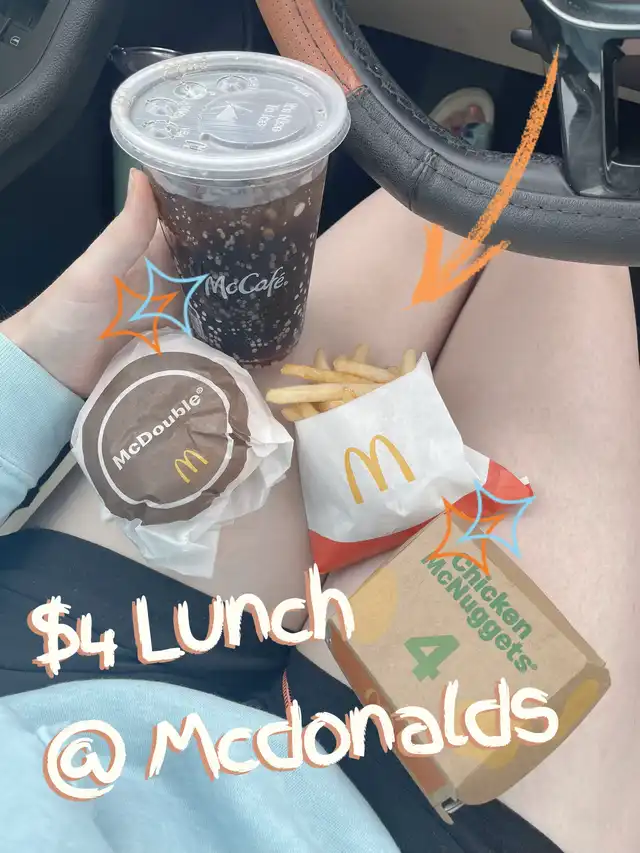 A person holds a McDonald's meal in a car, featuring a burger, fries, chicken nuggets, and a drink. The image includes text indicating a $4 lunch.