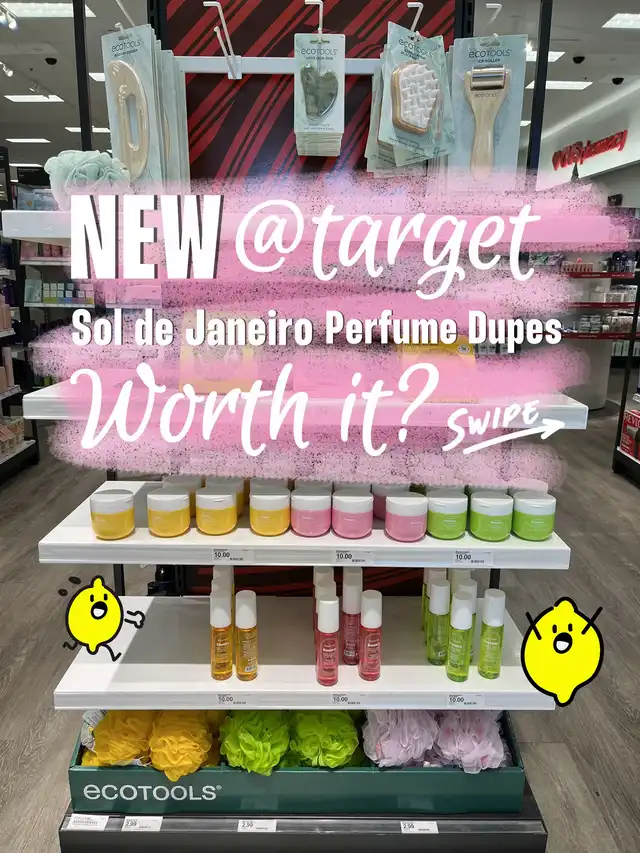 A store display features shelves with various body care items, including jars, spray bottles, and bath poufs. Overlay text asks if new perfume dupes are worth it, with cartoon lemons on the bottom.