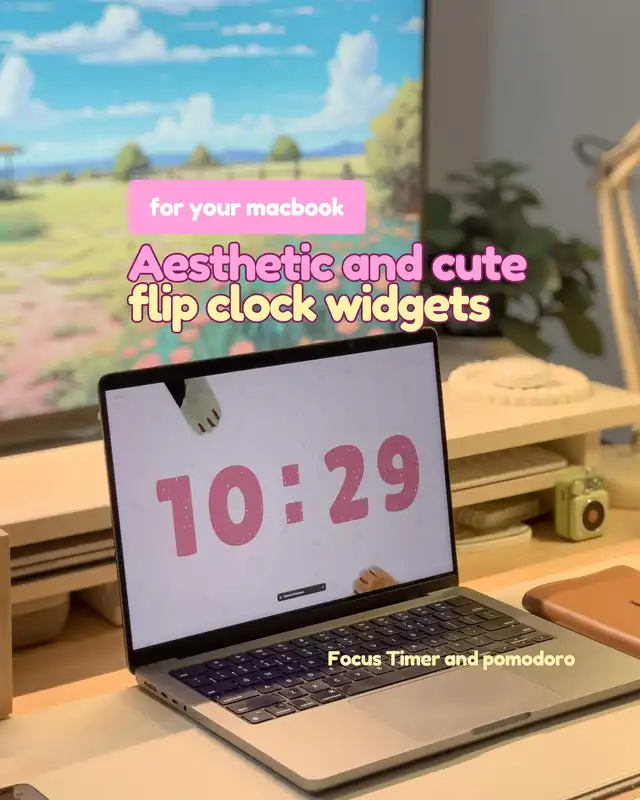 A MacBook displays a large pink digital clock showing '10:29' with cat paw graphics, promoting aesthetic flip clock widgets and focus timers for productivity. The laptop is on a desk with a monitor showing a landscape background.