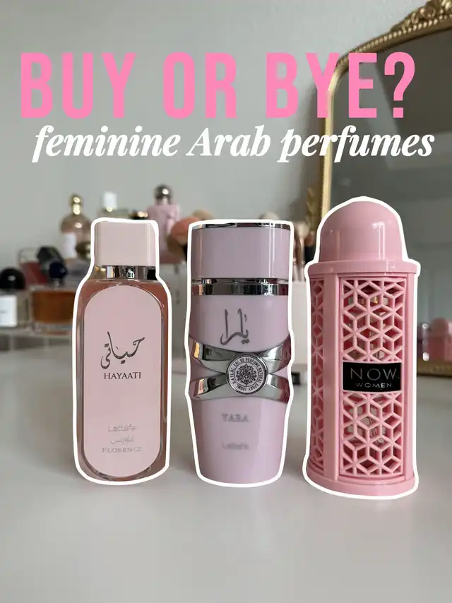 Three pink Lattafa perfume bottles, Hayaati Florence, Yara, and NOW Women, are displayed on a white surface, with the text 'BUY OR BYE? feminine Arab perfumes' overlaid.
