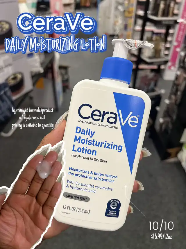 A white bottle with blue accents of a daily moisturizing lotion is shown, with a small amount of product on a hand. The text highlights its lightweight formula and hydrating qualities, suitable for normal to dry skin.