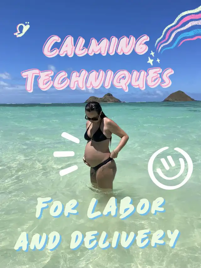 A pregnant woman in a black bikini stands in clear turquoise ocean water, holding her baby bump. Overlaid text reads "CALMING TECHNIQUES FOR LABOR AND DELIVERY," with a Lemon8 username.