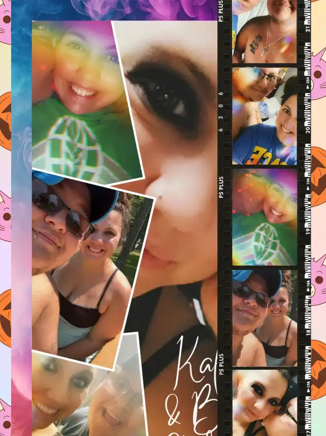 A colorful collage of a couple, with a filmstrip border on the right. The images show them smiling and close together, with some light effects. The text 'Kaleb & B' is prominently displayed, alongside 'Lemon8' and a username.
