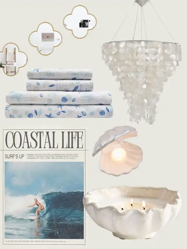 A collection of coastal-themed decor featuring gold clover mirrors, a shell chandelier, blue and white patterned bedding, a "COASTAL LIFE" magazine cover, a clam shell lamp, and a textured white candle.