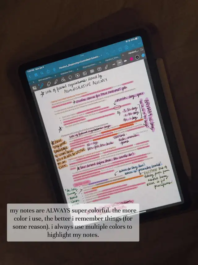 An iPad screen displaying colorful handwritten notes on 'Controlled Substance Prescriptions,' using various highlighters to emphasize key information.