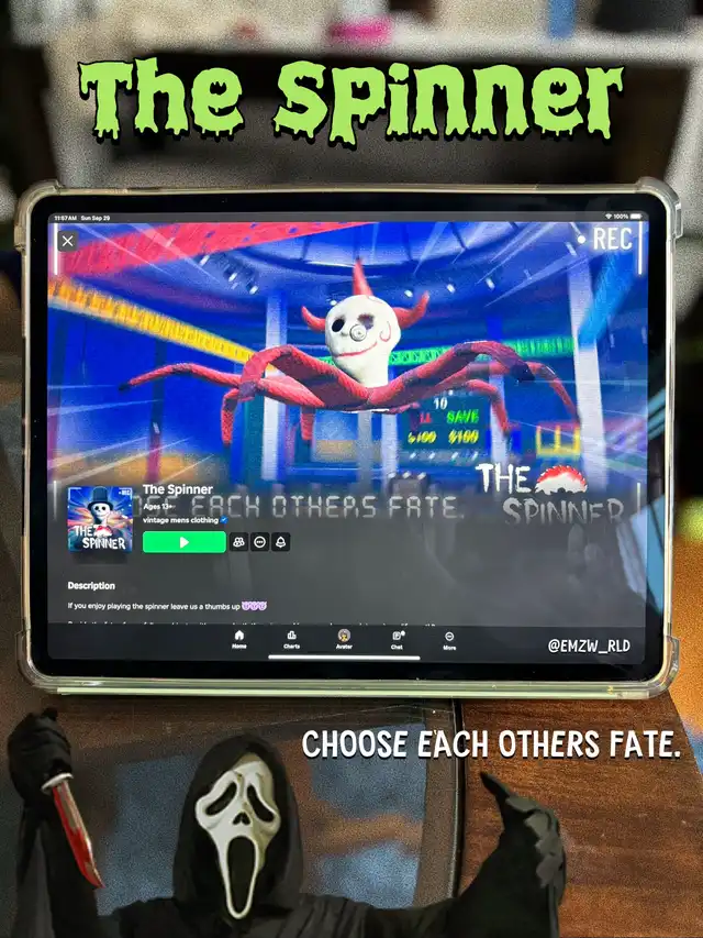 Ghostface holds a tablet showing the Roblox game "The Spinner," featuring a spider-clown creature on a colorful spinner, with text "CHOOSE EACH OTHERS FATE."